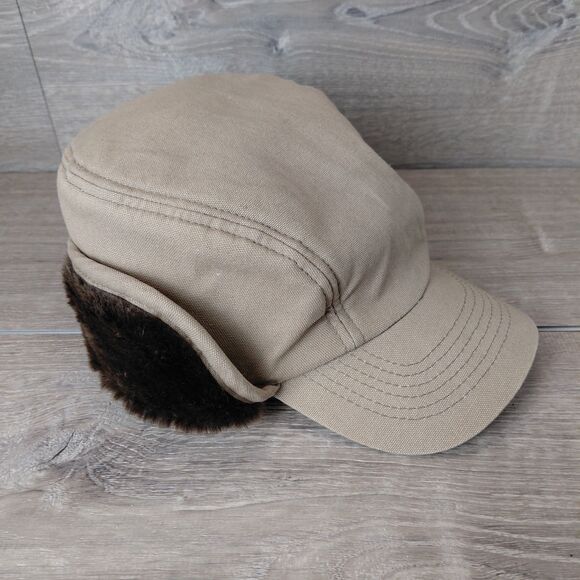 Broner Trapper Hat Mens Size L Brown Canvas Hunting Cap Fur Ear Flaps Outdoor - Picture 1 of 7